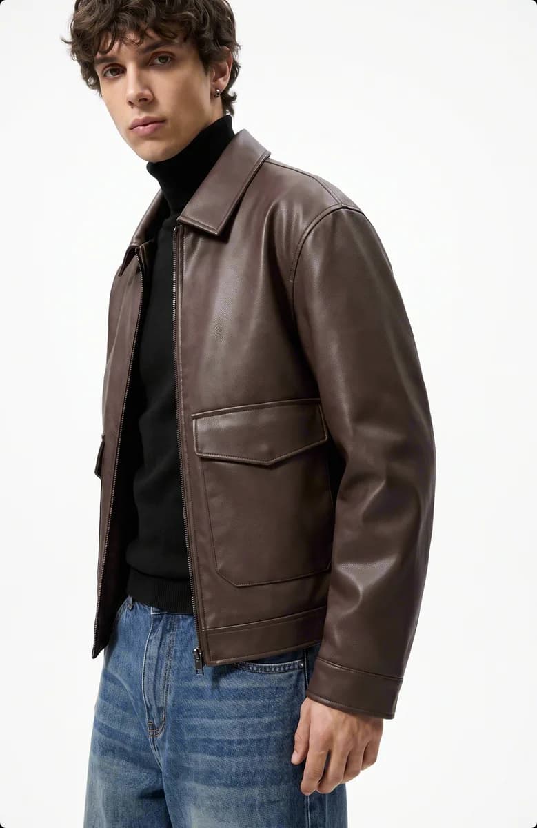 Model in a brown leather jacket, front view